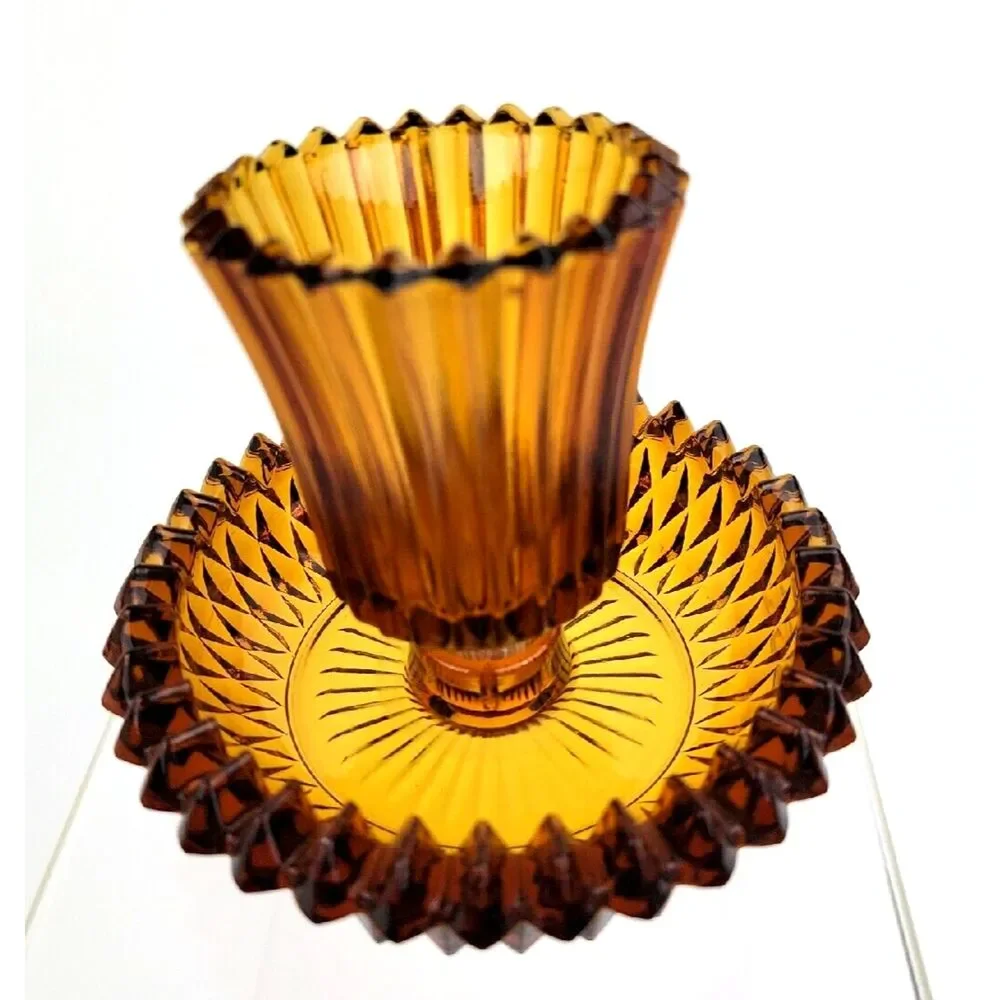 Vintage Indiana Glass Amber Diamond Saw Tooth 2 in 1 Votive Taper Candle Holder